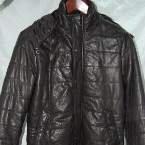VINCE 🔥 Men's M Black Leather Hooded Puffer Down Jacket Hoodie Light Jacket